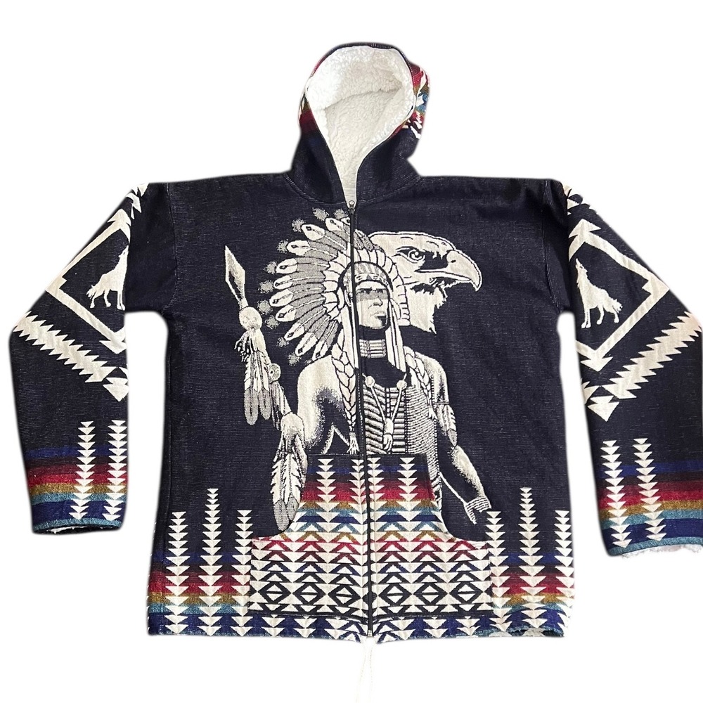 Galapagos Southwestern Sherpa Lined Native Chief Eagle Hoodie Black‎ 2XL